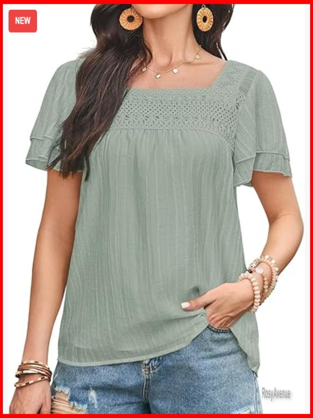 Square Neck Peasant Blouse Ruffle Sleeve Eyelet Lace Crochet Top